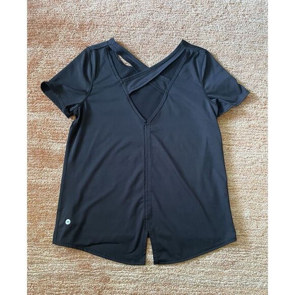 Avia Black Activewear Top L Cross Back Slit Hem Recycled Stretch Tee - Picture 1 of 7
